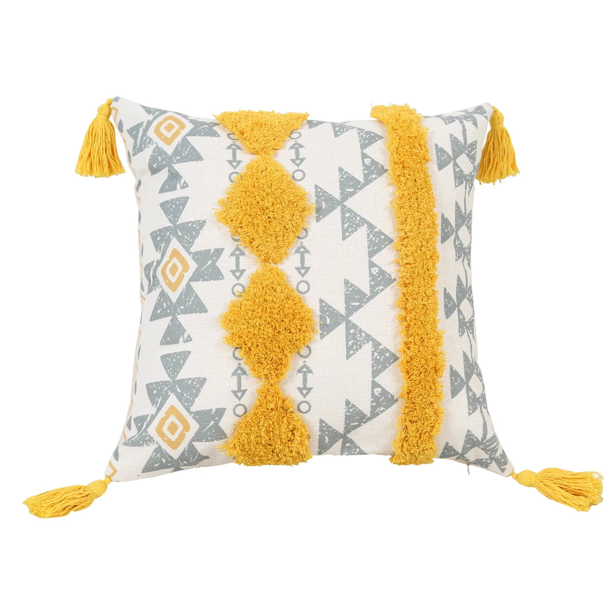 Yellow Geometric Tufted Throw Pillow Cover with Tassels – 18x18in Boho Home Decor Accent for Couch, Sofa & Bed Housewarming Gift