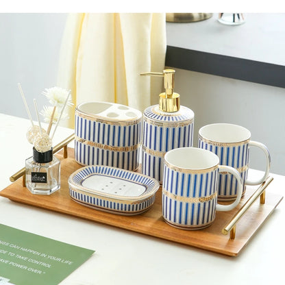 Ivory Porcelain & Gold-Plated Ceramic Bathroom Set – Pink Stripes