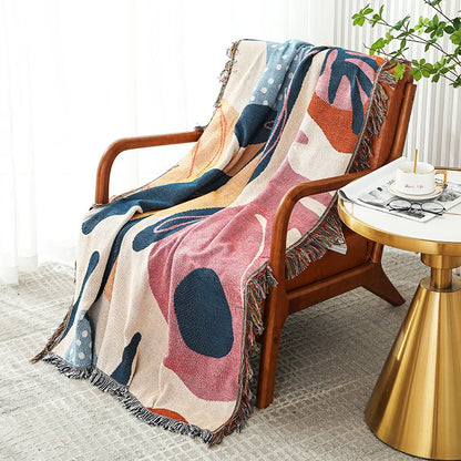 Boho Tassel Throw Blanket Abstract Leaves
