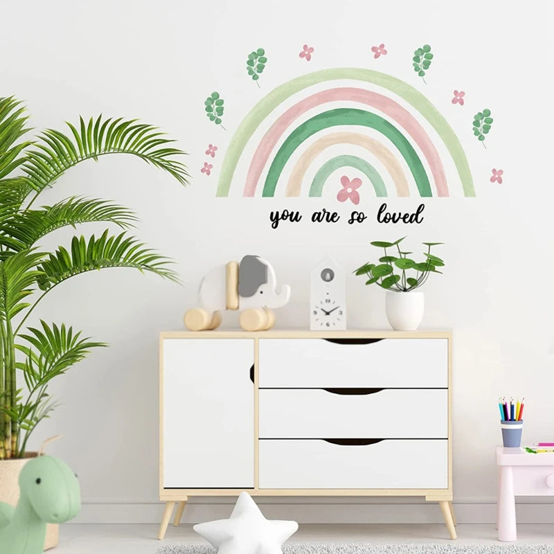 Boho Large Rainbow Beige Pink Watercolor Wall Sticker Vinyl DIY Removable Wall Decals Nursery Girls Room Playroom Home Decor Flowers Clouds Butterflies Hearts