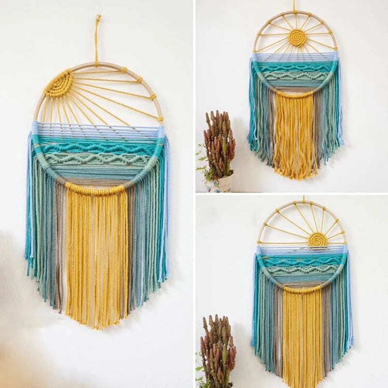 Sunrise & Sunset woven boho wall hanging displayed on wall, Nordic style cotton tapestry featuring warm earthy tones, perfect for boho home decor and eclectic interior design ideas, adds cozy bohemian vibes and textured aesthetic home decor to any living room or bedroom.