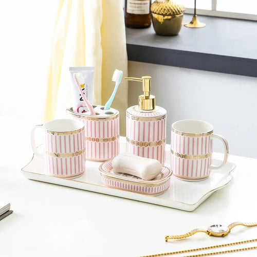 Ivory Porcelain & Gold-Plated Ceramic Bathroom Set – Pink Stripes