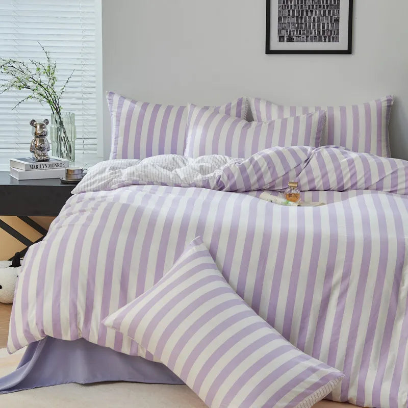 Liliac Purple Boho Striped Microfiber Bedding Set – 4-Piece Soft & Cozy Duvet Cover Set with Pillowcases & Flat Sheet