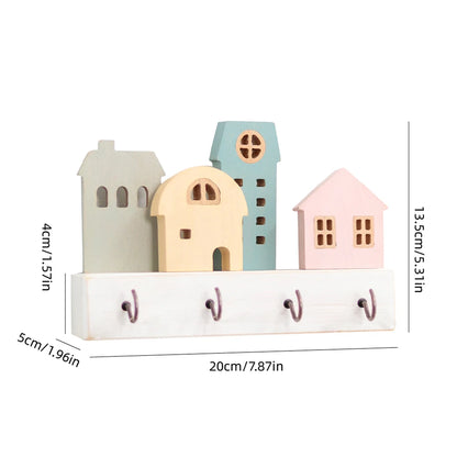 🏡 Fairytale Town Wall Hook Rack – Boho Wooden Key Holder & Decorative Village Scene Organizer