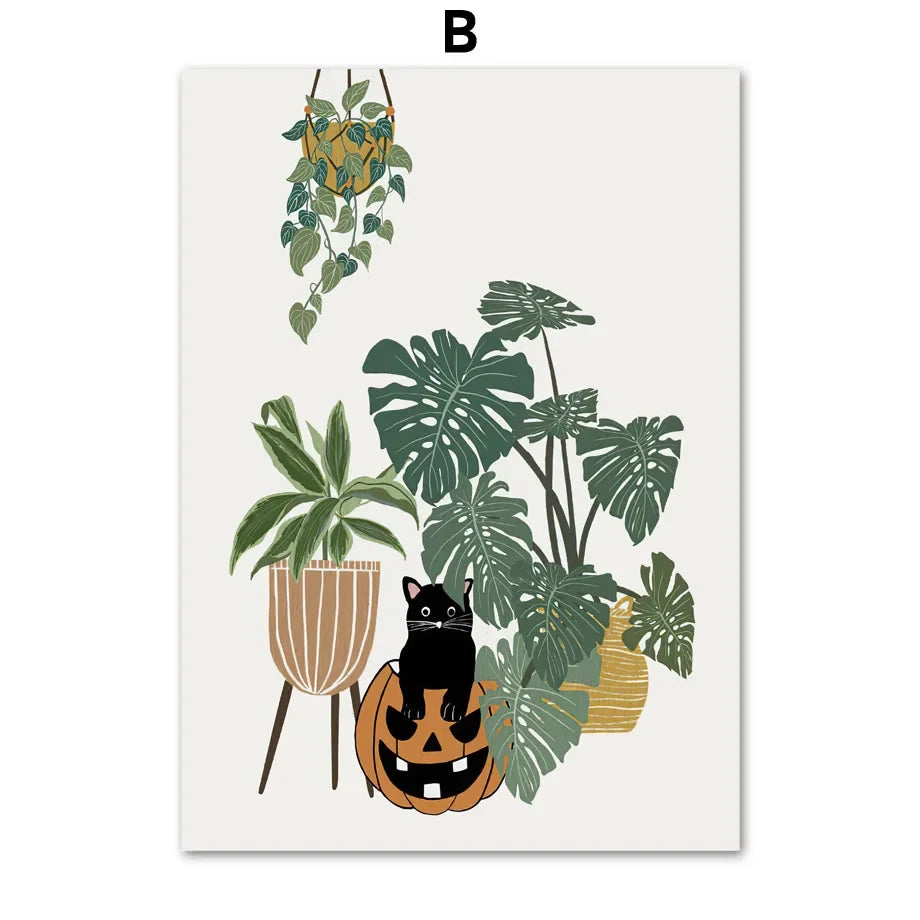 Fall Halloween Skull & Plant Canvas Wall Art Prints