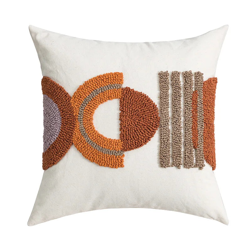 Decorative pillow with geometric pattern on a white background Nordic blue tufted cushion cover with geometric stripe and grid crochet pattern, tassel pillow cover for sofa, bed, and boho home decor