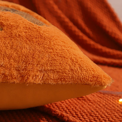 Halloween Pumpkin Gold Sequin Embroidered Plush Pillow Cover – Festive Throw Cushion for Sofa, Bed & Autumn Decor