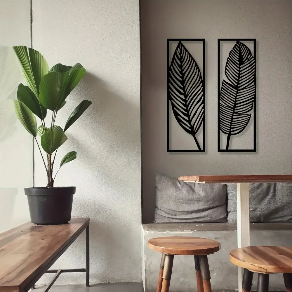 Decorative Leaves Metal Wall Art Set of 2 / 1Pc Surfboard for Home Wall Decor Black Metal Hanging Leaf Boho