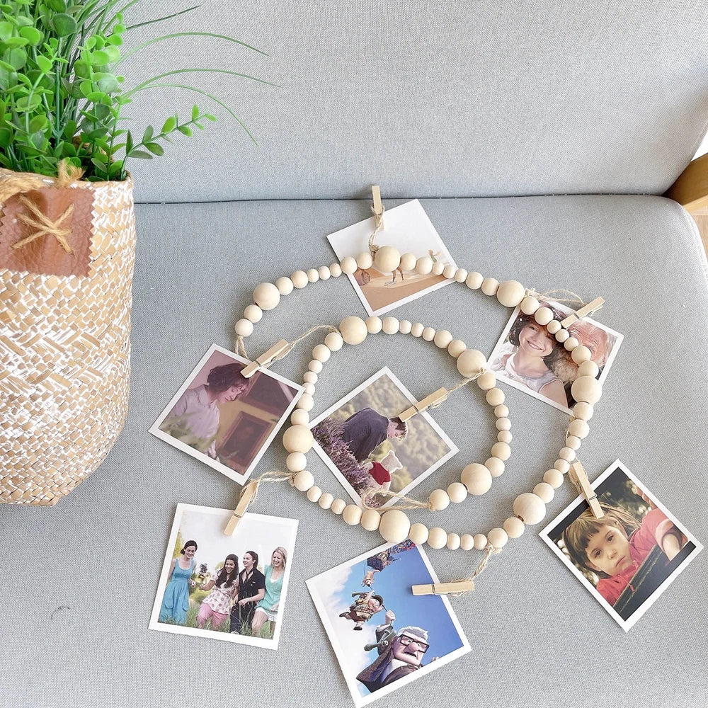 Boho Wall Hanging Photo Display with Wooden Beads & Clips – Rustic Collage Picture Holder Decor