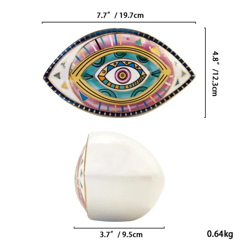 Moroccan Turkish blue evil eye ceramic figurine, unique bohemian home decor accent perfect for eclectic and boho home styles, adds soulful vibes and a cozy touch to any room, great for gifting as a boho home decor gift or housewarming present.