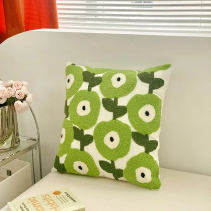 Flower Embroidered Plush Throw Pillow Cover – Minimalist Boho Cushion for Sofa, Bed, or Chair | 18x18 Inch | Garden-Inspired Housewarming Gift