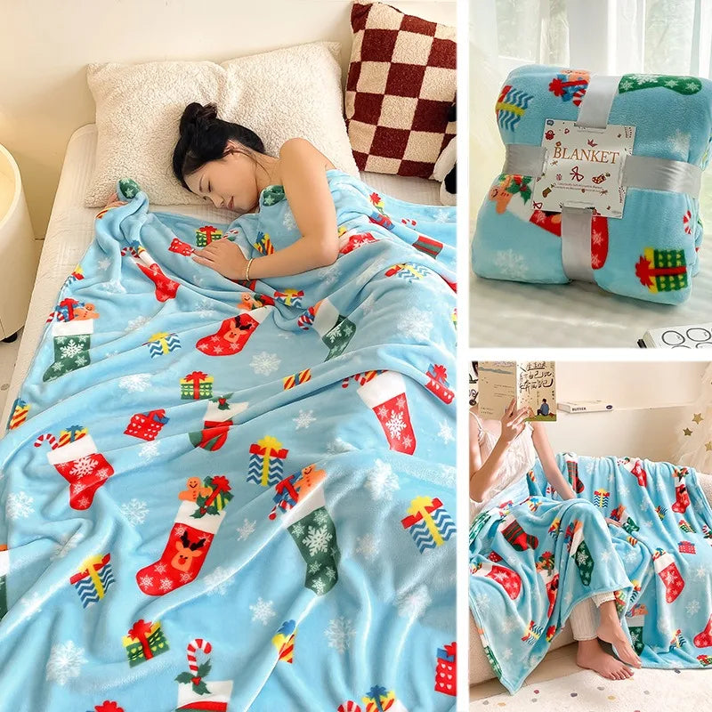Collage of a Christmas-themed blanket being used, folded, and on a bed.