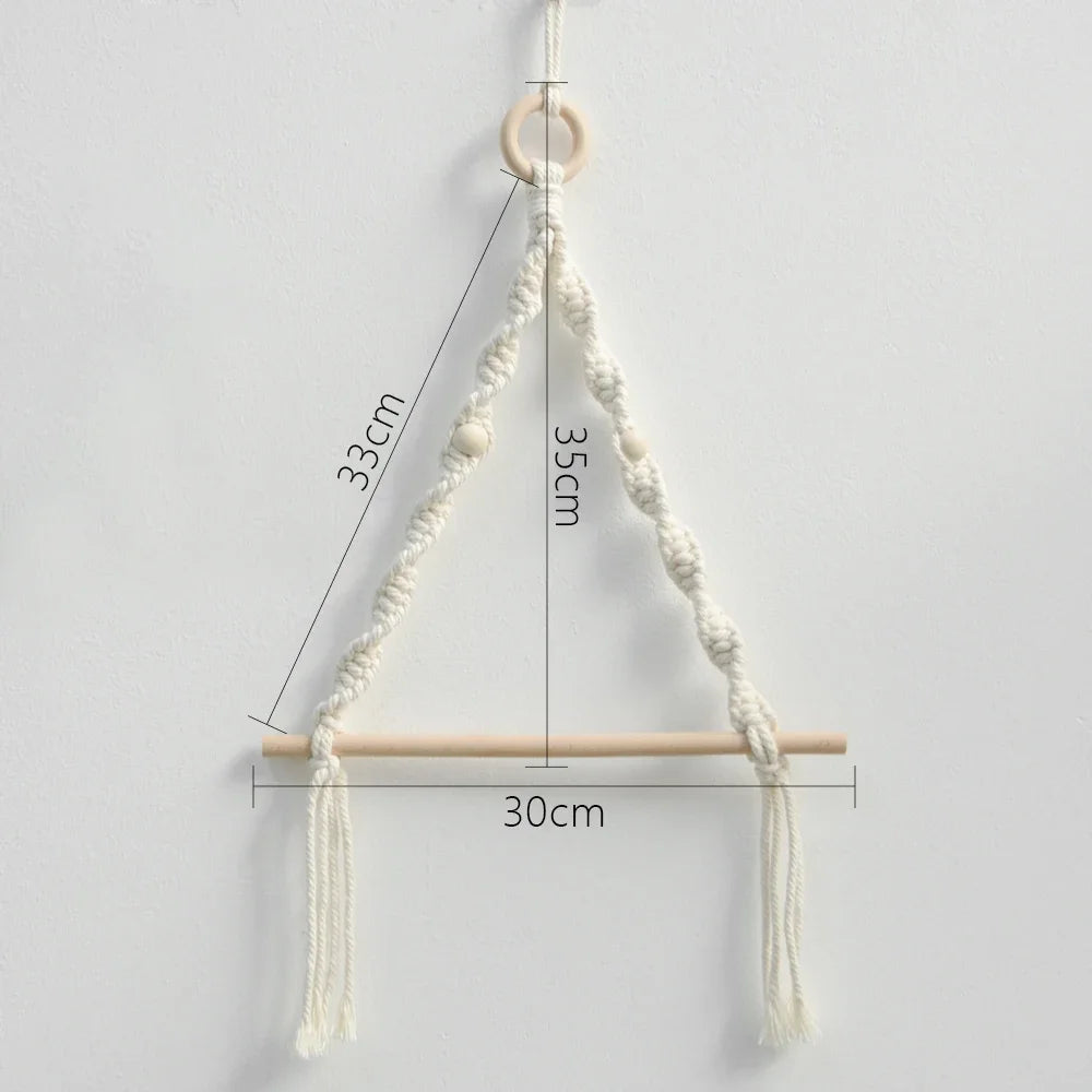 Macrame plant hanger with measurements on a plain background boho home decor, toilet paper holder, bohemian bathroom accessory, tissue holder, wall-mounted towel rack, cotton rope toilet paper rack, wooden bead towel holder, rustic home decor, boho wall decor, bathroom organization, housewarming gift