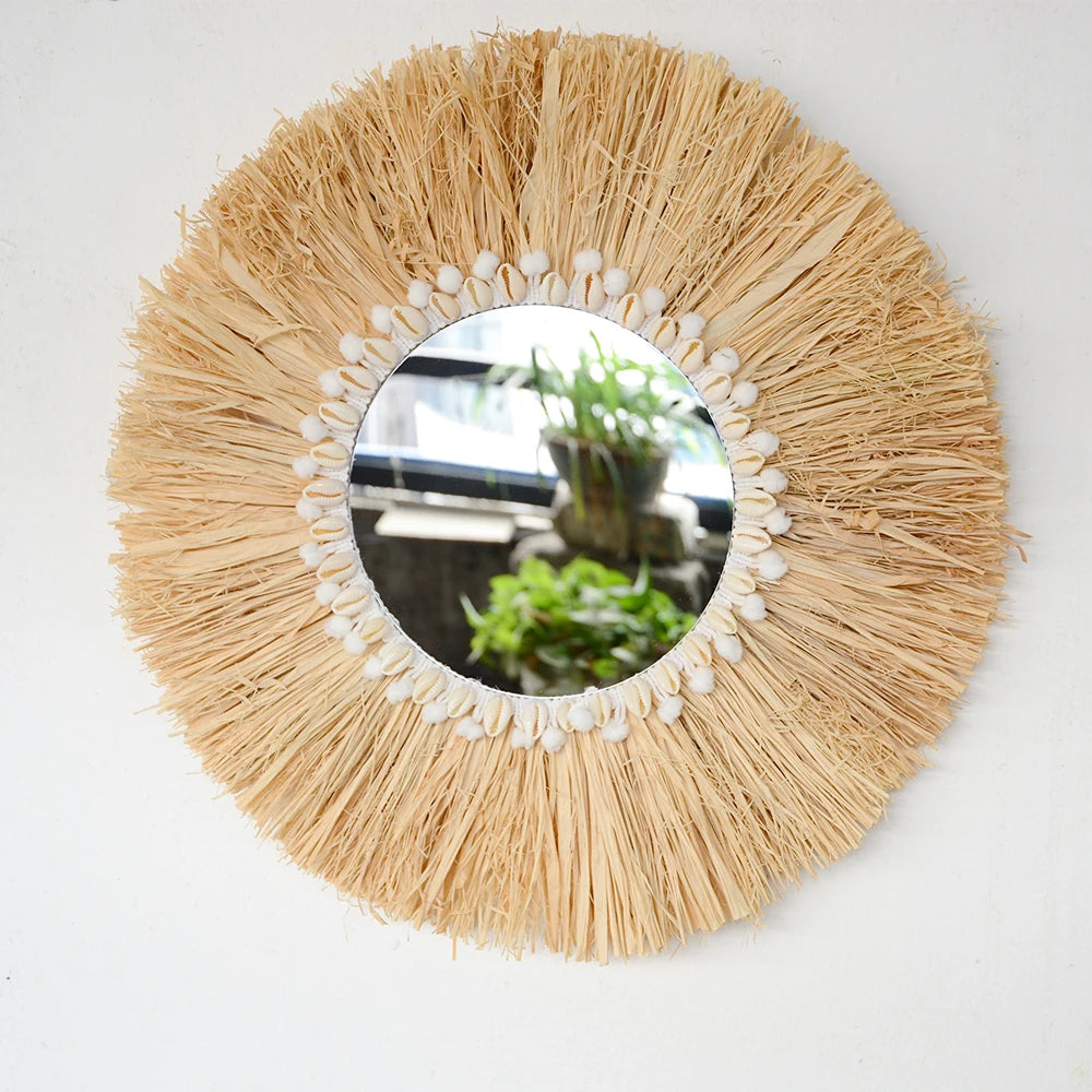 Round mirror with natural fiber frame and small beads on a white wall boho home decor, boho wall mirror, macrame wall mirror, nordic decor, romantic wedding wall decoration, housewarming gift, round straw mirror, woven wall decor, tapestry mirror, boho bedroom wall accent, rustic mirror wall hanging