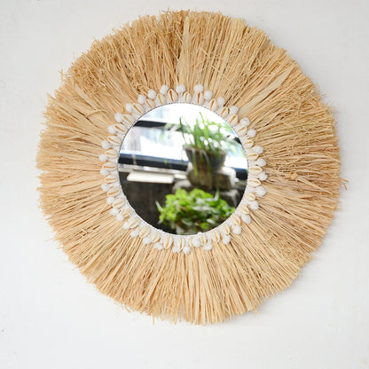 Round mirror with natural fiber frame and small beads on a white wall boho home decor, boho wall mirror, macrame wall mirror, nordic decor, romantic wedding wall decoration, housewarming gift, round straw mirror, woven wall decor, tapestry mirror, boho bedroom wall accent, rustic mirror wall hanging