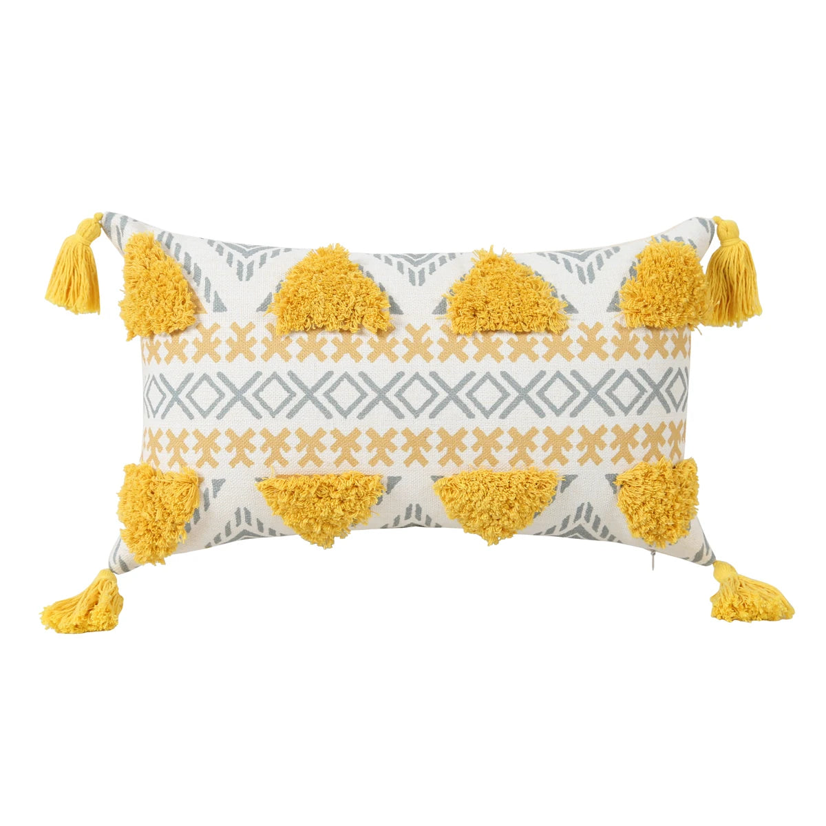 Yellow Geometric Tufted Throw Pillow Cover with Tassels – 18x18in Boho Home Decor Accent for Couch, Sofa & Bed Housewarming Gift