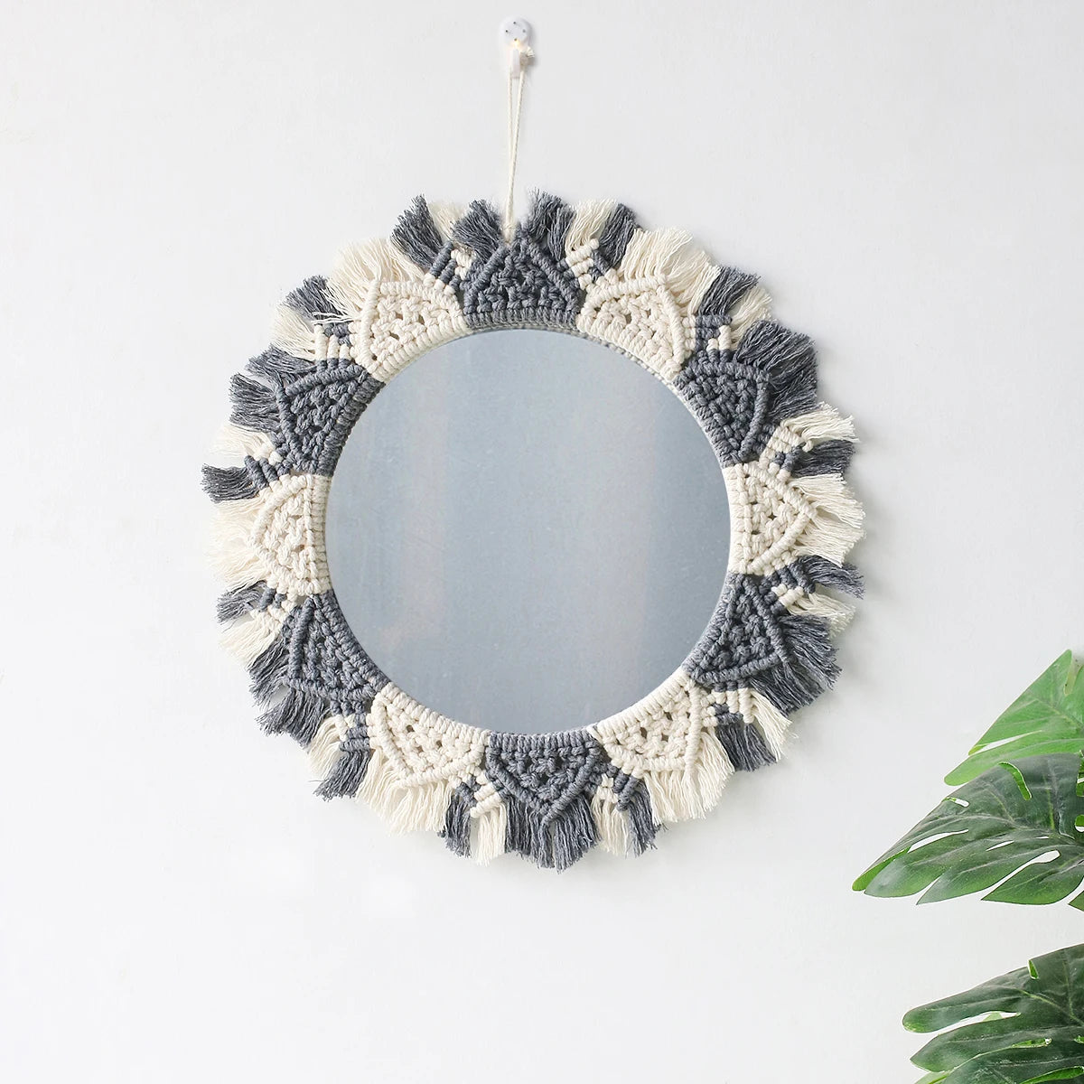 Boho Macrame Round Wall Mirror – Decorative Hanging Mirror for Bedroom & Living Room - Natural Knotted Sun