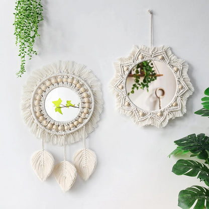 Boho Macrame Round Wall Mirror – Decorative Hanging Mirror for Bedroom & Living Room - Natural Knotted Sun