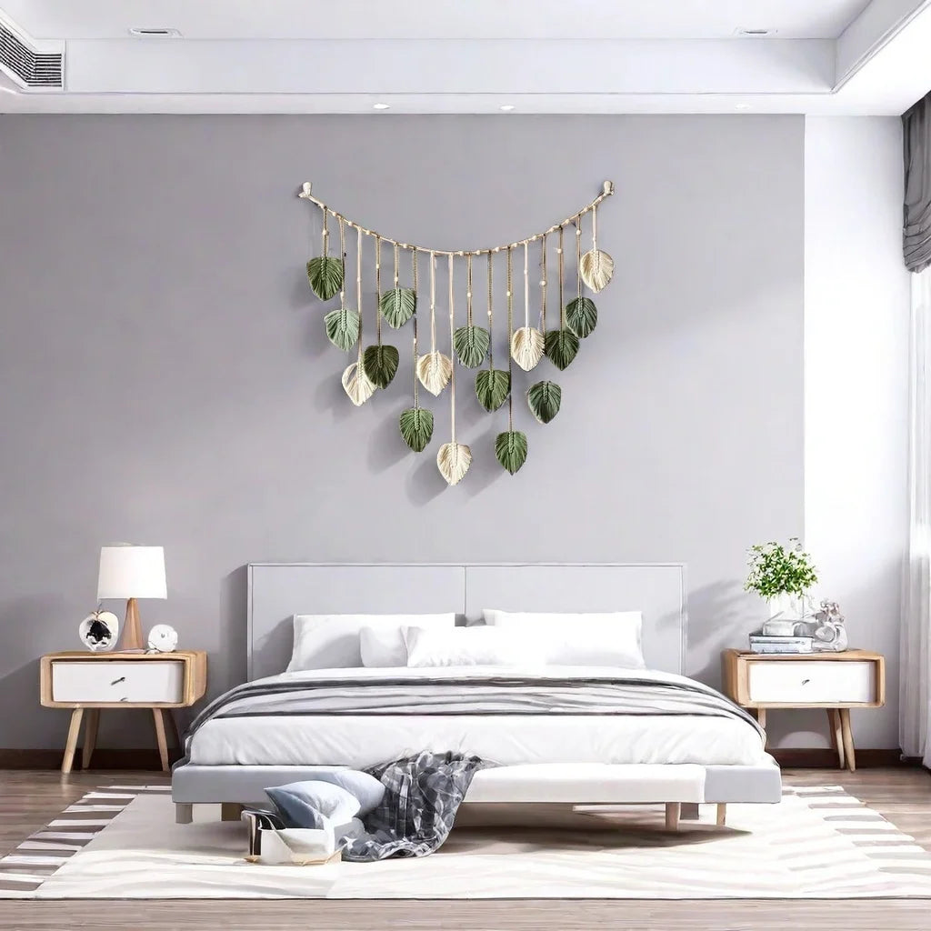 Boho Home Decoration Macrame Tapestry Leaf Feather Wall Hanging Decor for Living Room Bedroom Wall Art