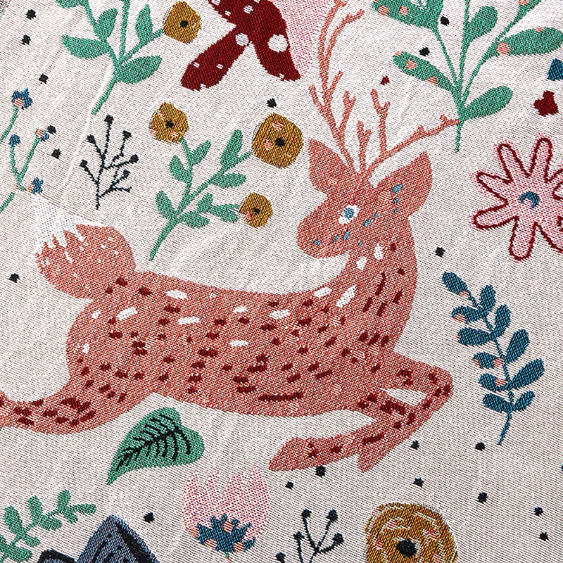 Decorative fabric with a pink deer surrounded by flowers and leaves on a beige background. Deer forest jacquard woven blanket with floral and woodland tapestry design – boho throw for sofa or bed, soft cotton blend decorative bedspread for cozy home décor.