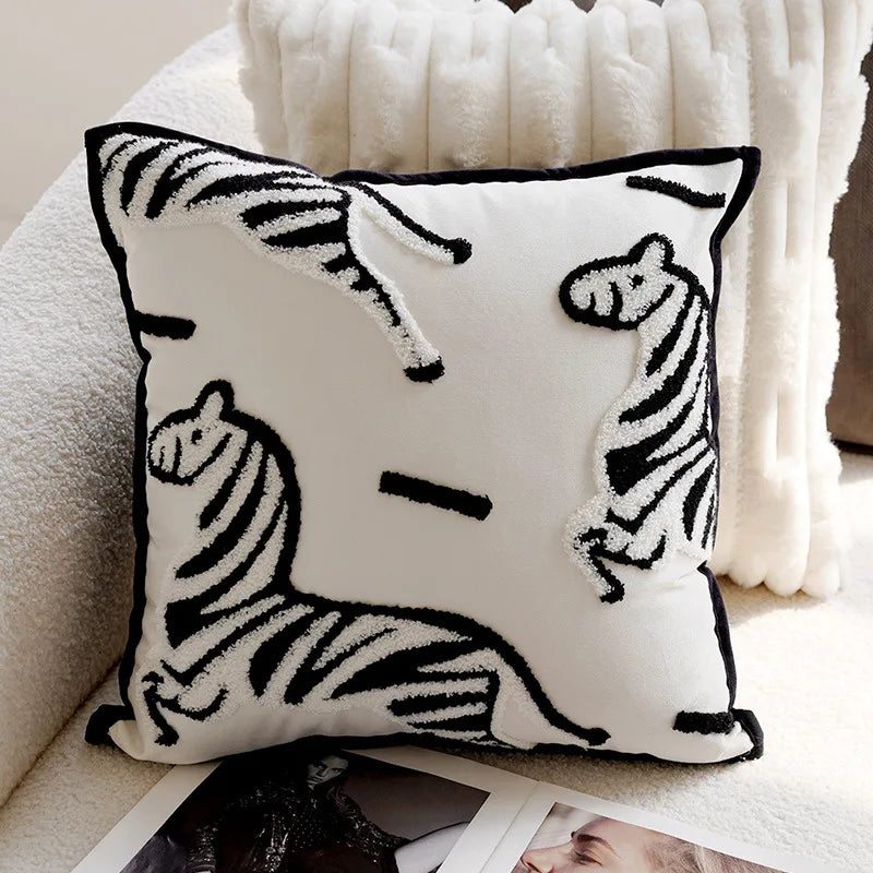 My Boho Home Nordic Embroidered Animal Pillow Cover – Modern Boho Plush Cushion for Couch, Bed or Nursery Zebra