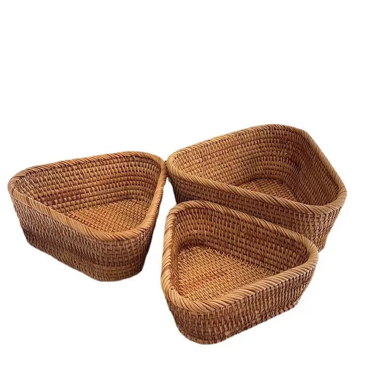 Three woven bread baskets on a white background boho home decor, rattan basket, handwoven wicker basket, fruit storage box, bread basket, picnic basket, natural storage bin, tea storage box, rustic home organization, farmhouse decor, housewarming gift, boho storage basket