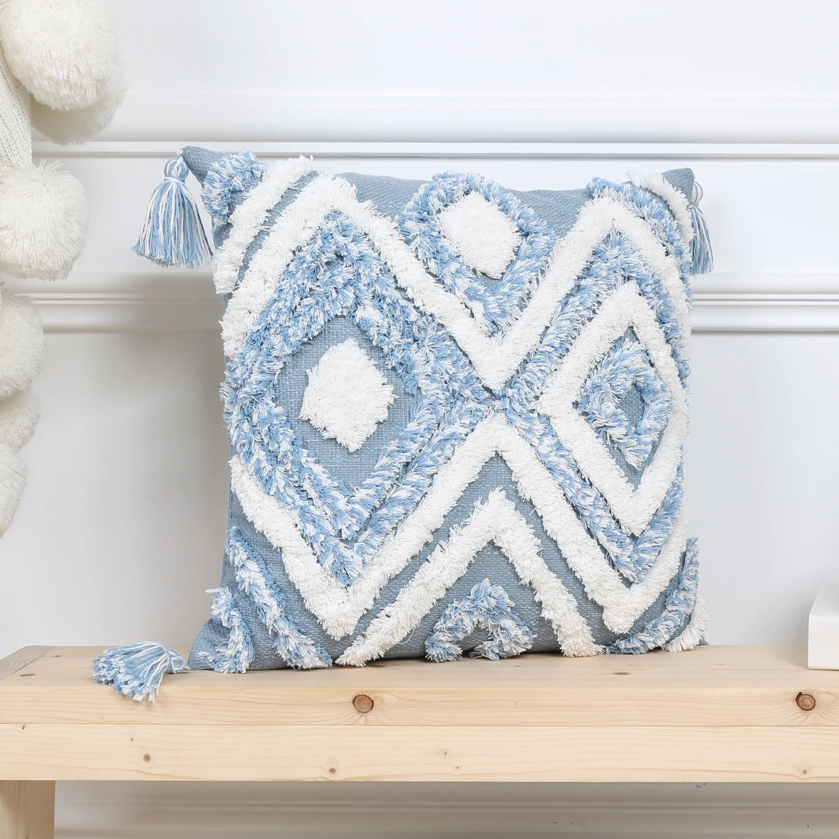 Blue Geometric Tufted Pillow Cover with Tassels – Boho Home Decor Housewarming Gift Accent for Couch, Bed & Living Room
