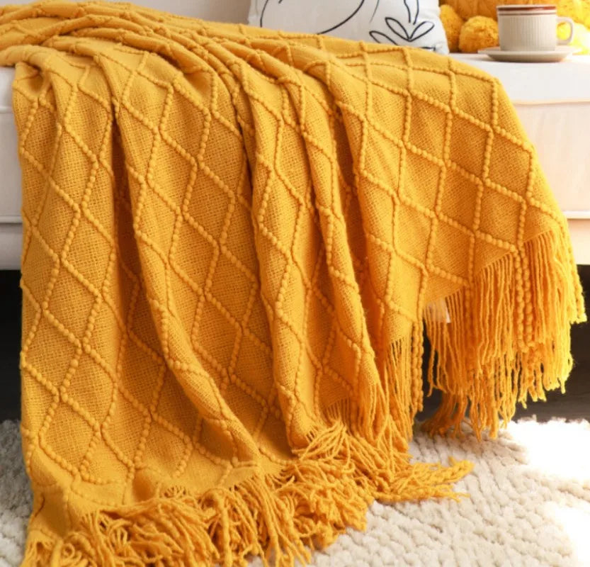 Soft Knit Boho Throw Blanket – Lightweight Acrylic Travel & Home Decor Accent with Fringe