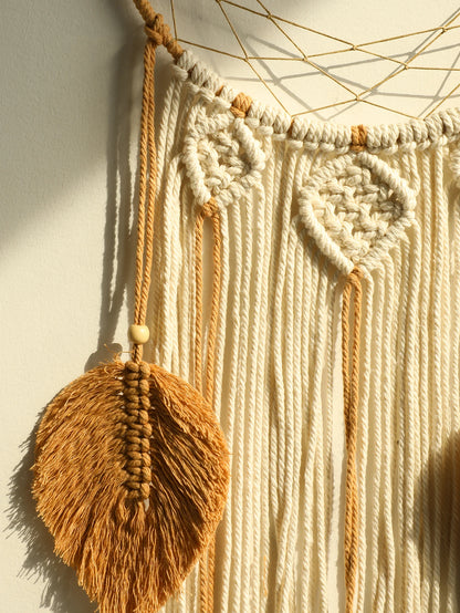 Boho Macrame Dream Catcher with Leaf Design – Handmade Tapestry Wall Hanging for Bedroom Decor
