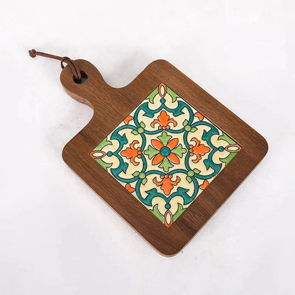 Wooden cutting board with decorative pattern on a white background