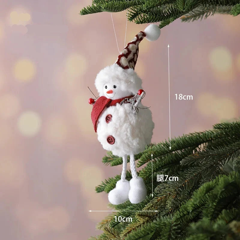 Decorative snowman ornament on a Christmas tree with measurements