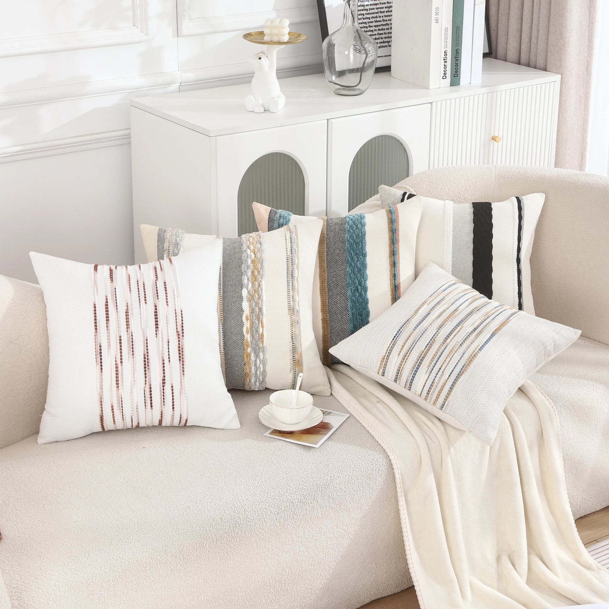 Boho Striped Chenille Throw Pillow Cover – Decorative Square Cushion for Cozy Home Accents
