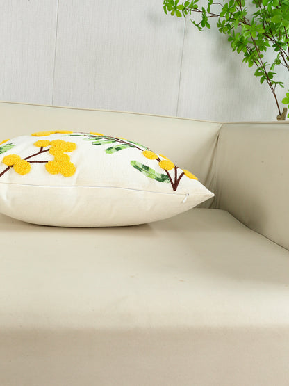Embroidered Floral Throw Pillow Cover – Yellow Flowers Boho Home Decor for Couch, Bed & Chair