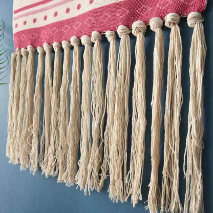 Boho Geometric Canvas Wall Tapestry – Handmade Cotton Macrame with Tassels
