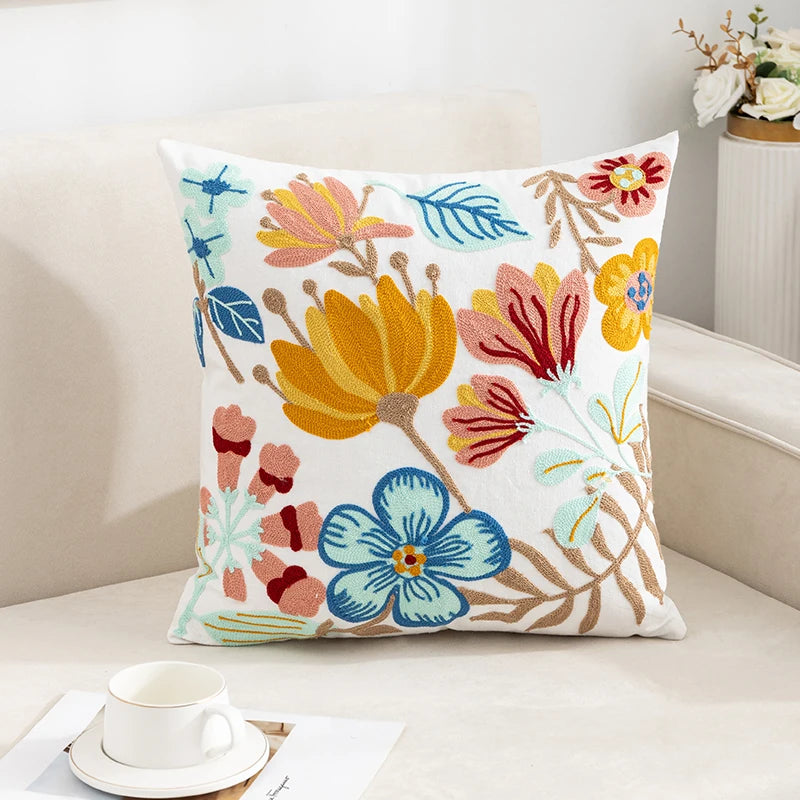 Vintage Floral Embroidered Pillowcase – Boho Throw Cushion Cover for Sofa & Home Deco