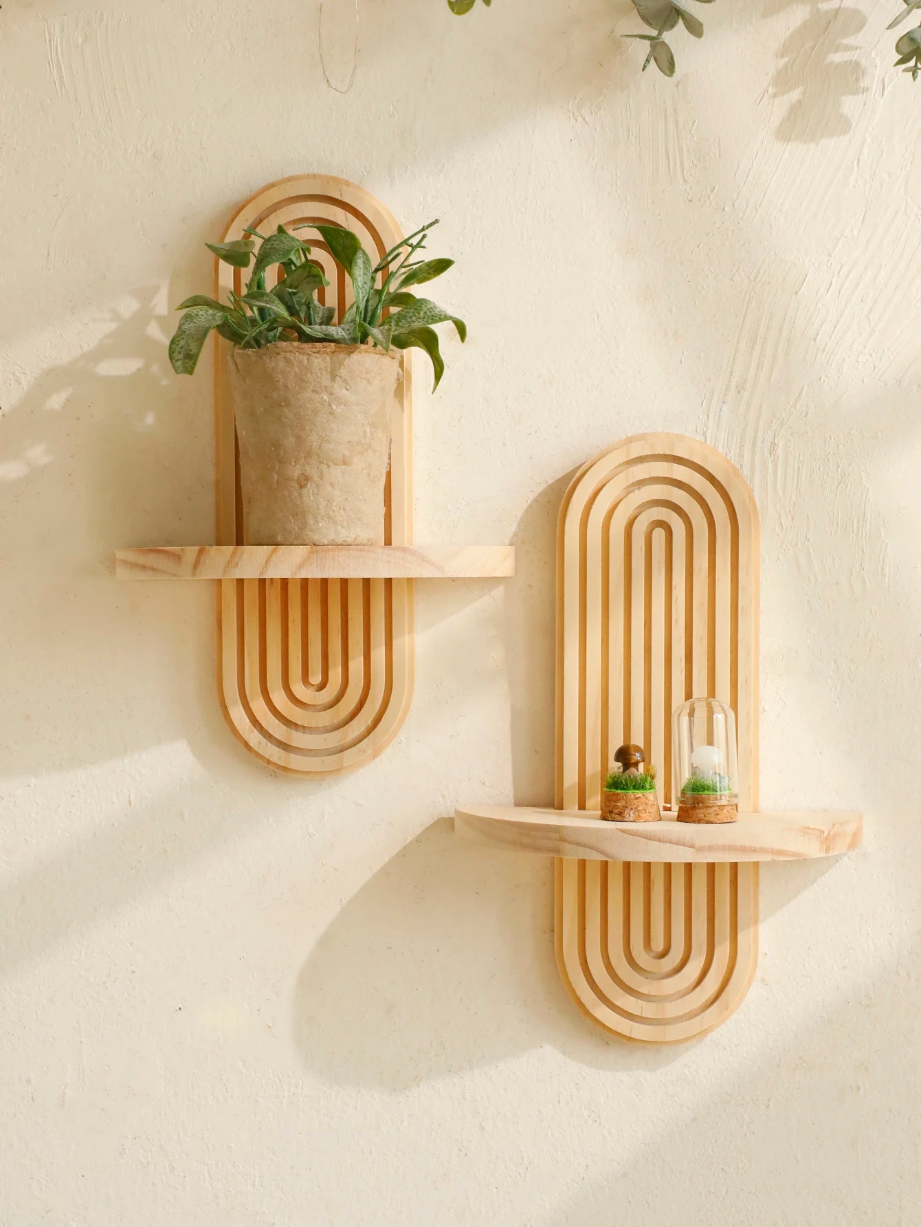 Boho Style Wooden Wall Shelf - Geometric Wall Mounted Shelves, Natural Wood Finish, Modern Home Decor, Plant Holder Circle