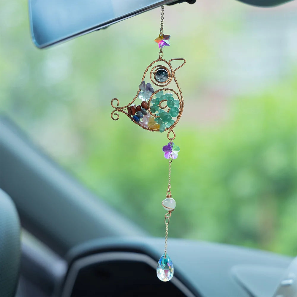 Decorative car hanging bird charm with colorful beads and crystals inside a car. boho home decor, crystal wind chime, sun catcher for windows, moon prism chime, agate stone hanging, garden art decor, patio hanging decoration, boho housewarming gift, spiritual gift, crystal suncatcher, balcony decor, meditation decor, handmade crystal chime