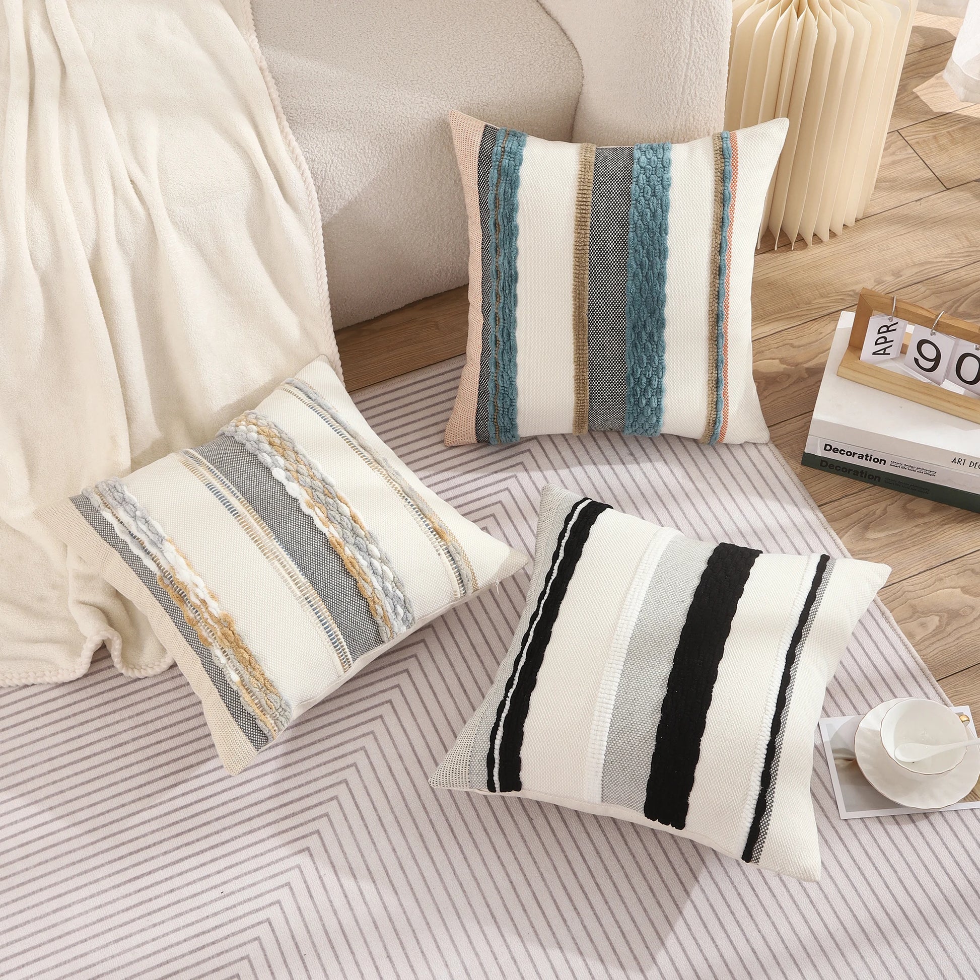Boho Striped Chenille Throw Pillow Cover – Decorative Square Cushion for Cozy Home Accents