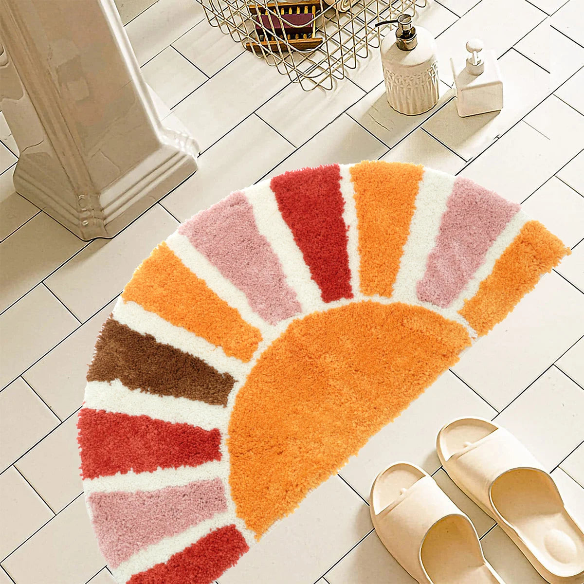 Colorful sun-shaped rug on a tiled floor with sandals nearby boho home decor, sunflower door mat, half circle rug, plush entry mat, non-slip bath mat, boho floor mat, floral floor rug, bathroom rug, farmhouse decor, cozy home gift, housewarming gift, living room mat, pastel home accents, cute doormat