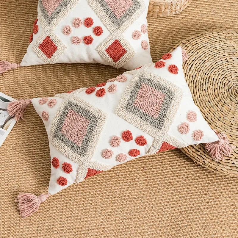 Boho Loop Tufted Cushion Cover – Handmade Cotton Canvas Pillow with Tassels & Embroidery