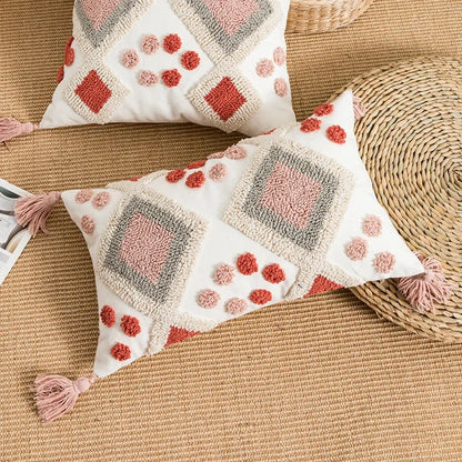 Boho Loop Tufted Cushion Cover – Handmade Cotton Canvas Pillow with Tassels & Embroidery