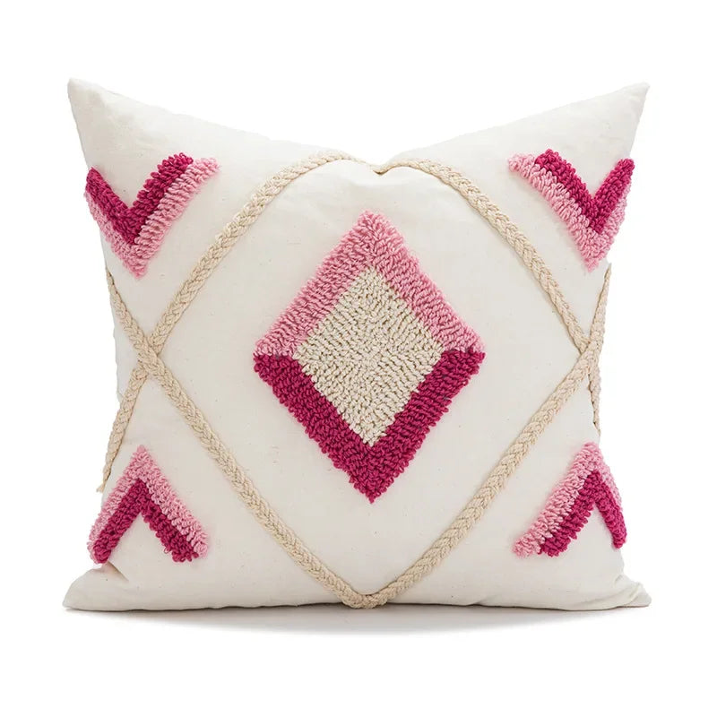 Decorative pillow with pink geometric patterns on a white background Nordic blue tufted cushion cover with geometric stripe and grid crochet pattern, tassel pillow cover for sofa, bed, and boho home decor