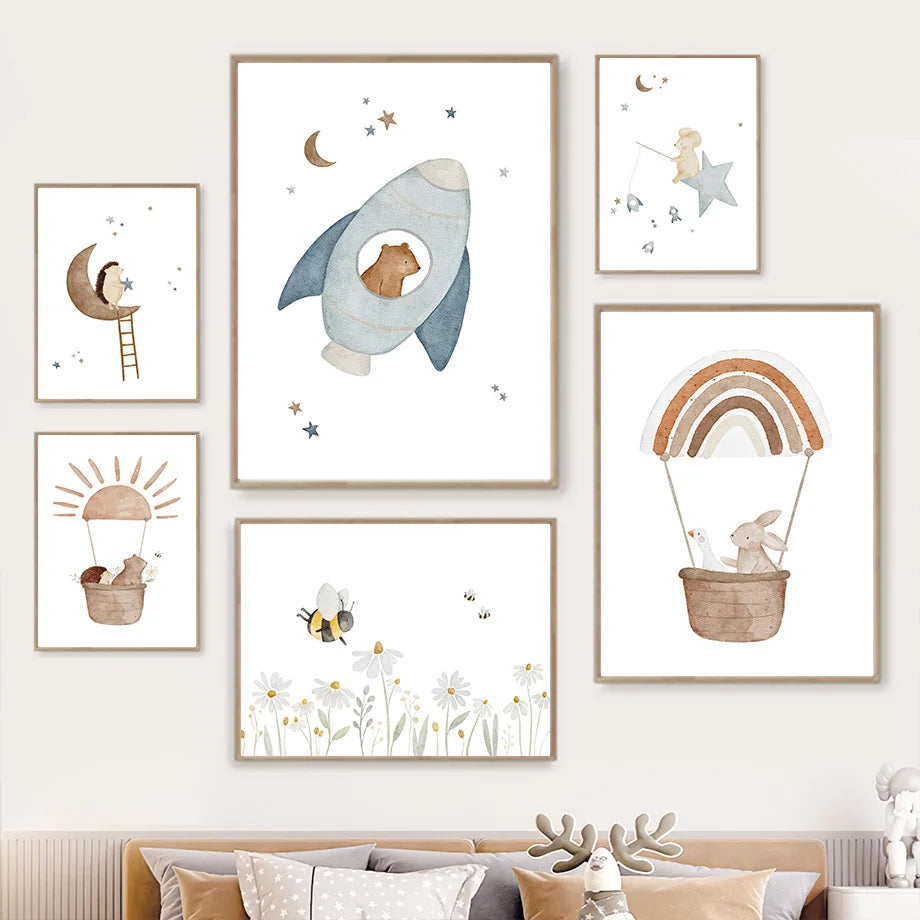 Boho Space Rocket Spaceship Bear Rabbit Hedgehog Bee Flowers Nursery Posters Wall Art Print Canvas Painting Baby Kids Room Home Decoration Sun Rainbow Hot Air Balloon 1Pc