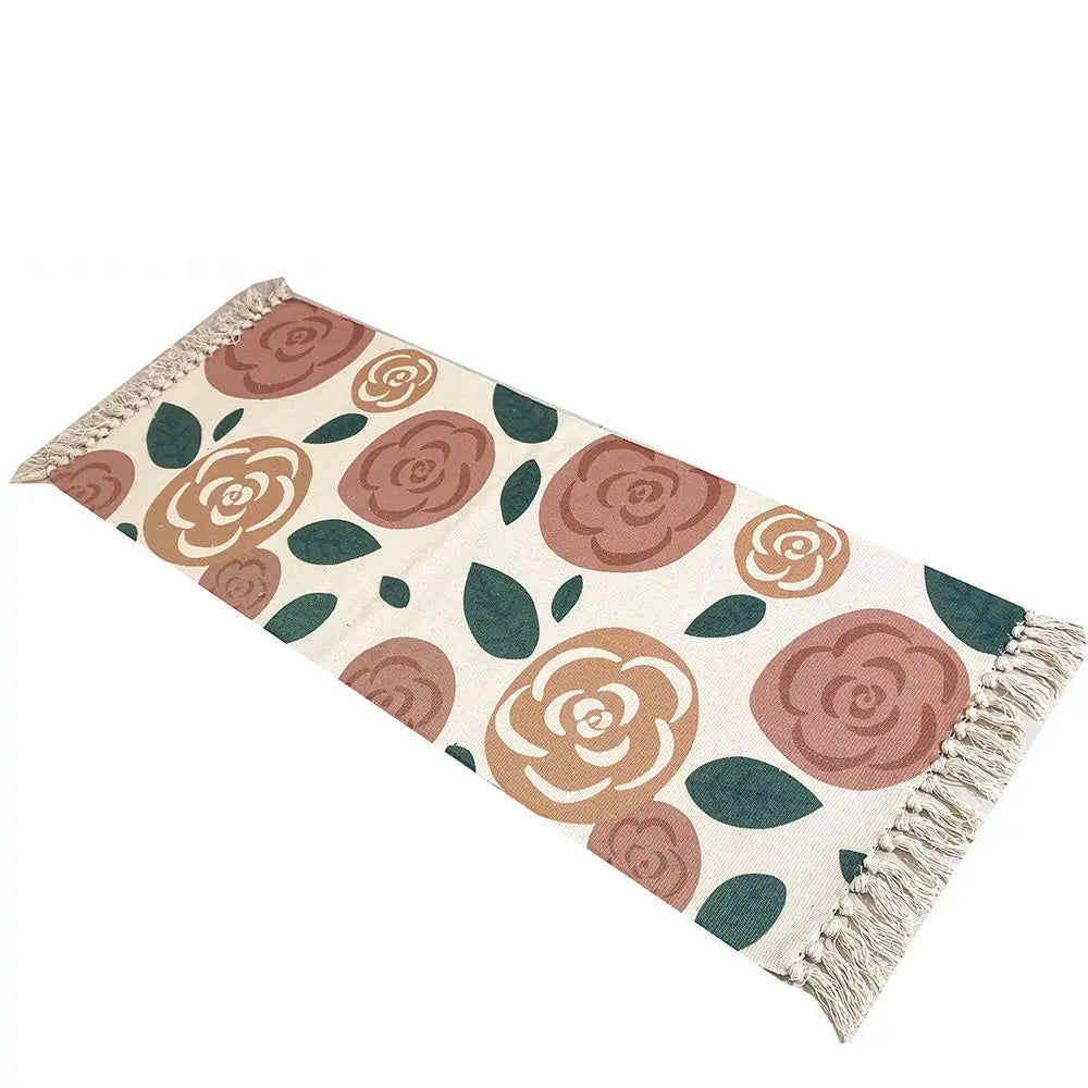 Boho Cotton Woven Rose Geometric Rug – Anti-Slip Floor Mat for Living Room, Bedroom & Entryway