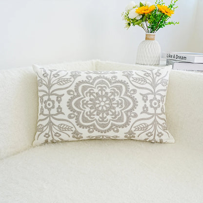 Gray Mandala Floral Embroidered Pillow Cover – Geometric Boho Home Decor Accent