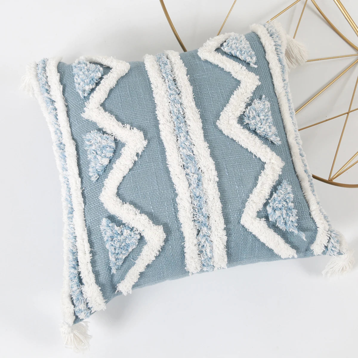 Blue Geometric Tufted Pillow Cover with Tassels – Boho Home Decor Housewarming Gift Accent for Couch, Bed & Living Room