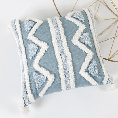 Blue Geometric Tufted Pillow Cover with Tassels – Boho Home Decor Housewarming Gift Accent for Couch, Bed & Living Room