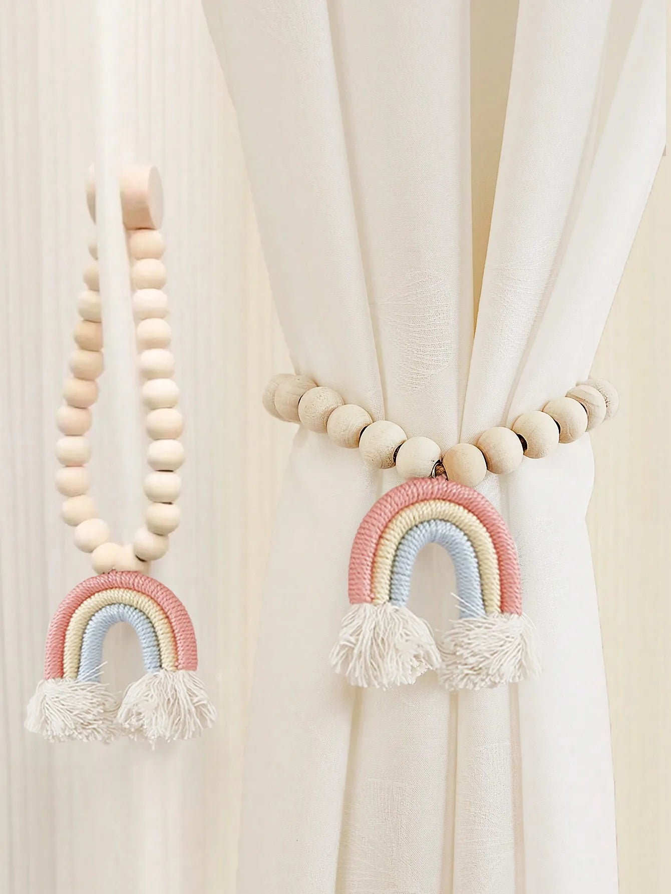 Magnetic Rainbow Macrame Curtain Tiebacks – Wooden Bead & Hemp Rope Holdbacks for Boho Home Decor