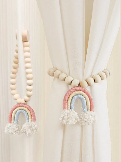Magnetic Rainbow Macrame Curtain Tiebacks – Wooden Bead & Hemp Rope Holdbacks for Boho Home Decor