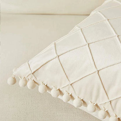 Velvet Crisscross Throw Pillow Cover with Pompoms – Boho Home Decor Accent